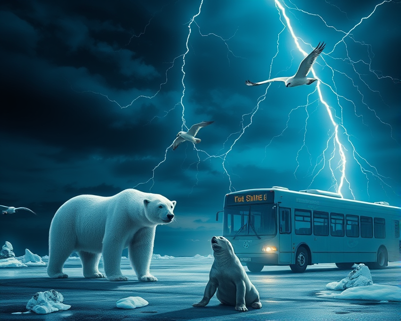 lightning, polar bear, kite, seal, bus